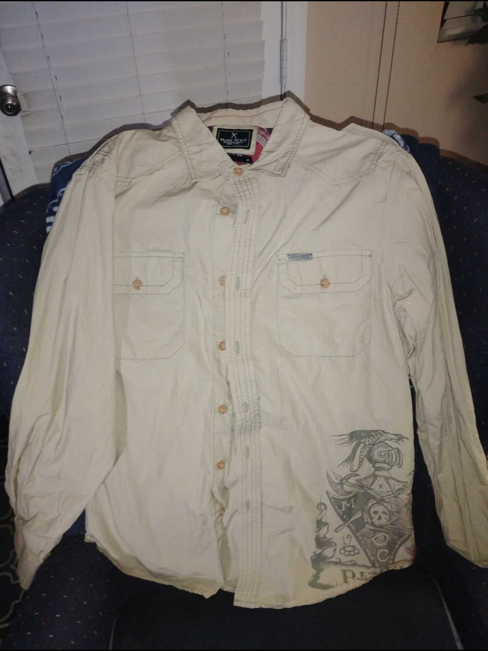 Marc Ecko Cream Long-Sleeve Button-Up Shirt with Graphic Print